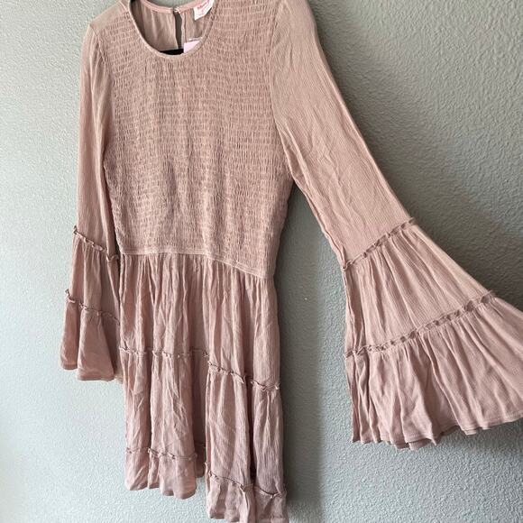 ShowPo Ask Me Later Shirred Bust Bell Sleeve Fit and Flare Boho Dress Mocha 12 - Picture 5 of 10